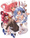  2girls :d ahoge animal_ears arm_up armpits ass banned_artist bare_shoulders black_gloves blue_hair braid breasts brown_eyes brown_legwear bunny_ears bunny_girl coat convenient_leg detached_sleeves fur_collar fur_trim gloves green_eyes highres hip_vent hololive leg_garter long_hair looking_at_viewer multiple_girls one_side_up open_mouth panties pantyhose paseri red_hair red_skirt sakura_miko shoes side-tie_panties skirt sleeveless small_breasts smile strapless tabi twin_braids twintails underwear usada_pekora v virtual_youtuber white_coat white_footwear white_legwear zouri 