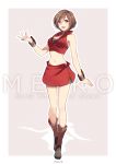  1girl :d absurdres artist_name bare_arms bare_shoulders black_shirt boots breasts brown_eyes brown_footwear brown_hair cleavage collar commentary_request crop_top full_body highres jacket large_breasts looking_at_viewer meiko navel open_mouth red_collar red_jacket red_skirt shirt short_hair skirt sleeveless sleeveless_jacket smile solo striped striped_background upper_teeth vocaloid yen-mi 