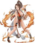 1girl :d arm_guards arm_up bare_arms bare_legs black_legwear breasts brown_eyes brown_hair cleavage collarbone fighting_stance fire full_body granblue_fantasy_(style) hair_between_eyes high_ponytail holding iwauchi_tomoki japanese_clothes kimono large_breasts leaning_forward legs_apart long_hair looking_at_viewer obi open_mouth red_kimono ribbon rope sash shimenawa shiranui_mai sidelocks simple_background sleeveless sleeveless_kimono smile solo standing tassel the_king_of_fighters white_background white_ribbon 