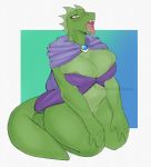  2020 anthro areola areola_slip big_breasts blush bottomless breasts cleavage cloak clothed clothing countershading eyelashes fangs female genitals goonie-san green_body hands_on_knees hi_res huge_breasts kneeling lizard looking_up narrowed_eyes navel open_mouth pussy reptile scalie sharp_teeth slightly_chubby slit_pupils solo teeth thick_thighs tongue tongue_out yellow_eyes 