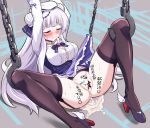  1girl anus arms_up azur_lane bangs bar_censor bdsm beads beret blush body_writing bondage bound bound_wrists bow bowtie braid braided_bun breasts brooch buttons censored chain choker cleavage closed_eyes closed_mouth collarbone cum cum_in_pussy cumdrip cygnet_(azur_lane) double_bun dress_shirt embarrassed eyebrows_visible_through_hair garter_belt hair_beads hair_ornament hair_ribbon hat heart high_heels highres hook jewelry kanabuso knees_up large_breasts lavender_hair long_hair long_sleeves lying marker no_panties pendant plaid plaid_skirt purple_bow purple_eyes purple_footwear purple_ribbon purple_skirt pussy retrofit_(azur_lane) ribbon shirt skirt skirt_lift solo spread_legs sweat taut_clothes taut_shirt thighhighs translation_request unfinished_background very_long_hair wavy_mouth white_hair winged_footwear 