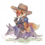  1:1 ambiguous_gender anthro armadillo canid canine claws clothed clothing cowboy_hat daria_arbuz digital_media_(artwork) duo feral fox handpaw hat headgear headwear mammal pawpads paws simple_background sitting smile walking xenarthran young 