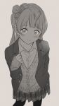  1girl arm_behind_back bangs blazer bow cardigan collared_shirt greyscale hair_bow hand_on_own_chest jacket long_hair long_sleeves looking_at_viewer love_live! love_live!_school_idol_project minami_kotori miniskirt monochrome one_side_up pantyhose plaid plaid_skirt pleated_skirt shibasaki_shouji shirt skirt sleeves_past_wrists smile solo 
