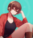  1girl arm_support black_shirt boots brown_hair commentary dated half-closed_eyes head_rest highres jacket looking_at_viewer meiko miniskirt red_eyes red_jacket red_skirt redbear07 shirt skirt smile solo vocaloid 