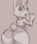  2017 anthro big_butt brachyzoid brown_background buckteeth butt clothed clothing disney fully_clothed fur judy_hopps lagomorph leporid looking_back mammal open_mouth rabbit simple_background sketch solo teeth zootopia 