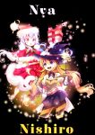  2girls artist_name belt_buckle beyblade beyblade:_burst blue_eyes breasts bright_pupils buckle chankyone character_name cover cover_page dress foliage gloves happy hat highres legs long_hair magical_girl multiple_girls nishiro_nya open_mouth orange_hair purple_eyes red_dress shiny shiny_hair shirt short_twintails simple_background skirt small_breasts surprised twintails wand white_gloves white_shirt 