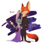  1:1 2017 absurd_res anthro award bare_shoulders barefoot black_tie_(suit) bow_tie canid canine clothing dipstick_ears dipstick_tail disney dress duo female fox fur hand_behind_back hand_on_hip hi_res holding_object hug jewelry judy_hopps lagomorph leporid looking_at_viewer male mammal multicolored_ears multicolored_tail necklace nick_wilde oscar_statuette pointedfox rabbit red_fox simple_background size_difference suit white_background zootopia 