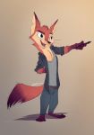  2019 absurd_res anthro barefoot belt bottomwear brown_background canid canine cheek_tuft clothed clothing facial_tuft fox fully_clothed green_eyes head_tuft hi_res holding_object light lighting male mammal neck_tuft notched_ear open_mouth open_smile pants pointedfox pointedfox_(character) simple_background smile solo tongue tuft whiskers 