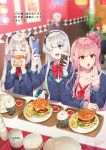  3boys 3girls amakusa_shirou_(fate) anastasia_(fate/grand_order) aqua_eyes bangs billy_the_kid_(fate/grand_order) blue_jacket blurry blurry_background blush bow breasts cellphone closed_eyes collared_shirt contemporary cup dress_shirt eating fate/apocrypha fate/grand_order fate_(series) food french_fries fuuma_kotarou_(fate/grand_order) hair_bow hair_over_one_eye hairband hamburger highres jacket ketchup long_hair long_sleeves marie_antoinette_(fate/grand_order) medb_(fate)_(all) medb_(fate/grand_order) medium_breasts multiple_boys multiple_girls open_clothes open_jacket open_mouth phone pink_hair plate red_bow redrop shirt side_ponytail silver_hair sitting smile table tray twintails very_long_hair white_shirt yellow_eyes 