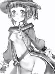  1girl arms_at_sides bangs belt blunt_bangs blush breasts contrapposto copyright_request cowboy_shot gloves greyscale hat highres long_sleeves looking_at_viewer monochrome naked_coat nanashi_(nlo74593630) navel nipples parted_lips short_hair simple_background small_breasts solo white_background 