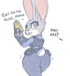  2018 anthro big_butt brachyzoid buckteeth butt clothed clothing dialogue disney english_text fully_clothed fur grey_body grey_fur holding_object holding_weapon judy_hopps lagomorph leporid looking_back mammal open_mouth purple_eyes rabbit simple_background solo teeth text weapon white_background zootopia 