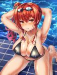  1girl azur_lane bikini black_bikini breasts covered_nipples goggles goggles_on_head highleg highleg_bikini highres italian_flag large_breasts lasts looking_at_viewer multi-strapped_bikini multiple_straps o-ring o-ring_bikini pool poolside red_hair side_ponytail skindentation solo swimsuit wet whistle whistle_around_neck yellow_eyes zara_(azur_lane) zara_(poolside_coincidence)_(azur_lane) 