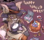  &lt;3 2018 anthro big_breasts breasts brown_body brown_fur brown_hair candy canid canine cleavage clothed clothing cupcake english_text female food fox fur hair halloween hat headgear headwear holidays kemono long_hair mammal open_mouth open_smile purple_eyes smile snout solo tenyati text witch_hat 