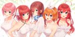  &gt;:) 5girls :d ahoge bangs bare_shoulders blue_eyes blush breasts brown_hair butterfly_hair_ornament cleavage collarbone criss-cross_halter dress eyebrows_visible_through_hair frilled_dress frills go-toubun_no_hanayome gyozanuko hair_ornament hair_over_one_eye hair_ribbon halter_dress halterneck headphones headphones_around_neck highres large_breasts long_hair medium_breasts multiple_girls nakano_ichika nakano_itsuki nakano_miku nakano_nino nakano_yotsuba open_mouth orange_hair pink_hair quintuplets red_hair ribbon short_hair short_sleeves siblings sisters sleeveless sleeveless_dress smile star star_hair_ornament two_side_up upper_body v-shaped_eyebrows white_dress white_ribbon 