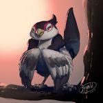  bird bird_focus branch claws commentary_request creature full_body gen_5_pokemon highres jyunhh looking_at_viewer no_humans outdoors pokemon pokemon_(creature) signature sky solo standing tranquill yellow_eyes 