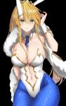  1girl ahoge animal_ears artoria_pendragon_(all) artoria_pendragon_(swimsuit_ruler)_(fate) bangs bare_shoulders black_background blonde_hair blue_legwear blue_neckwear braid breasts bunny_ears bunnysuit cleavage detached_collar fate/grand_order fate_(series) faton feather_boa fishnet_legwear fishnets french_braid green_eyes hair_between_eyes highleg highleg_leotard highres large_breasts leotard long_hair looking_at_viewer navel navel_cutout ponytail sidelocks solo tiara white_leotard wrist_cuffs 