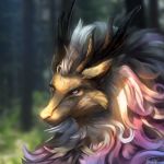  1:1 2019 blurred_background dragon forest fur horn light lighting outside purple_body purple_eyes purple_fur rhythmpopfox solo tree yellow_body yellow_fur 