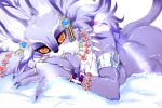  anthro belladonna_(trials_of_mana) black_nose black_sclera breasts butt felid female fingers fur jewelry looking_at_viewer lovehinba lying mammal necklace on_front purple_body purple_fur ring slit_pupils solo trials_of_mana 