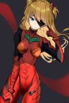  1girl arm_up ass_visible_through_thighs blonde_hair blue_eyes bodysuit closed_mouth cowboy_shot dduck_kong dutch_angle gloves highres looking_at_viewer neon_genesis_evangelion plugsuit red_bodysuit red_gloves skin_tight smile solo souryuu_asuka_langley two-tone_background two_side_up 