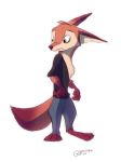  anthro barefoot brown_body brown_fur canid canine clothed clothing fox fur green_eyes head_tuft mammal notched_ear pointedfox pointedfox_(character) simple_background solo standing tuft white_background 