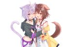  2girls animal_ears blush bow braids brown_eyes brown_hair cat_smile catgirl collar doggirl dress fang fukahire_sanba hololive hoodie hug inugami_korone navel nekomata_okayu purple_eyes purple_hair short_hair tail twintails white wink 