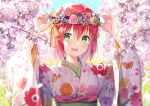  1girl :d arms_up bangs cherry_blossoms colorful commentary_request day eyebrows_visible_through_hair floral_print flower flower_wreath green_eyes head_wreath japanese_clothes kimono long_sleeves looking_at_viewer nonono obi open_mouth original outdoors pink_flower pink_rose print_kimono red_hair rose sash short_hair smile solo spring_(season) upper_body white_kimono wide_sleeves yukata 