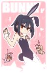  1girl alternate_costume animal_ears bangs bare_arms bare_shoulders black_hair black_hairband black_leotard bunny_ears bunny_tail bunnysuit chibi chibi_inset chloe_von_einzbern commentary eyebrows_visible_through_hair fake_animal_ears fake_tail fate/kaleid_liner_prisma_illya fate_(series) flat_chest hair_between_eyes hair_ornament hairband hairclip heart illyasviel_von_einzbern leotard long_hair looking_at_viewer miyu_edelfelt outline pink_background ponytail simple_background solo_focus star tail white_outline wrist_cuffs yellow_eyes yoru_nai 