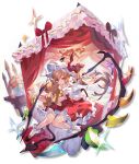  1girl ascot bangs bed blonde_hair bow commentary_request crystal curtains dress eyebrows_visible_through_hair flandre_scarlet hat hat_ribbon highres holding holding_stuffed_animal laevatein_(tail) long_hair looking_at_viewer mob_cap one_side_up petticoat puffy_short_sleeves puffy_sleeves red_bow red_dress red_eyes red_footwear red_ribbon ribbon shirt shoes short_sleeves simple_background sitting socks solo sparkle stuffed_animal stuffed_toy tail teddy_bear touhou uu_uu_zan white_background white_headwear white_legwear white_shirt wings yellow_neckwear 