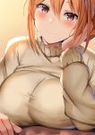  1girl backlighting bangs banned_artist beige_sweater belko blush breasts closed_mouth condom_wrapper hair_between_eyes hair_bun head_rest highres large_breasts long_hair long_sleeves orange_eyes orange_hair smile sweater turtleneck turtleneck_sweater yahari_ore_no_seishun_lovecome_wa_machigatteiru. yuigahama_yui&#039;s_mother 