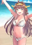 1girl absurdres ahoge beach blue_sky breasts brown_hair cleavage cloud commentary_request cowboy_shot day double_bun hairband headgear highres horizon kantai_collection kongou_(kantai_collection) long_hair looking_to_the_side medium_breasts momonyadayo ocean outdoors outstretched_arms sky smile solo 