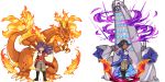  2boys boots charizard claws commentary_request dande_(pokemon) dark_skin dark_skinned_male dragon duraludon fire gen_1_pokemon gen_8_pokemon gigantamax gigantamax_charizard gigantamax_duraludon k-shiki kibana_(pokemon) long_sleeves male_focus multiple_boys pants pixel_art pokemon pokemon_(game) pokemon_swsh sprite 