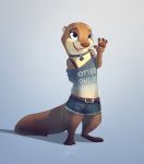  2020 absurd_res anthro barefoot belt bottomwear brown_body brown_fur choker clothed clothing fully_clothed fur gesture hi_res hotpants jewelry light lighting lutrine mammal mustelid necklace open_mouth open_smile pawpads pointedfox shorts simple_background smile solo standing waving 