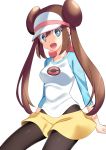  1girl :d absurdres black_legwear blue_eyes blue_sleeves blush brown_hair double_bun hair_between_eyes highres long_hair long_sleeves looking_at_viewer mei_(pokemon) miniskirt open_mouth pantyhose poke_ball_print pokemon pokemon_(game) pokemon_bw2 print_shirt shiny shiny_hair shiny_legwear shirt simple_background skirt smile solo twintails very_long_hair visor_cap white_background white_shirt yellow_skirt yuihiko 