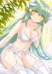  1girl bangs bare_shoulders blush breasts cleavage collarbone commentary_request dragon_horns eyebrows_visible_through_hair fate/grand_order fate_(series) garter_belt garter_straps green_hair hair_between_eyes highres horns kiyohime_(fate/grand_order) large_breasts long_hair looking_at_viewer morizono_shiki plant sitting smile solo thighhighs underwear very_long_hair white_legwear yellow_eyes 