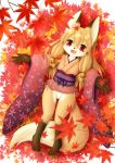 1girl :3 absurdres animal_ears arms_up ass_visible_through_thighs autumn autumn_leaves barefoot bell blonde_hair borrowed_character fang fox_ears fox_girl fox_tail full_body furry hair_ornament highres japanese_clothes jingle_bell kimono koko_(kishibe) leaf legs long_hair long_tail lying on_floor open_mouth original outdoors panties short_kimono side-tie_panties smile solo tail thighs toes underwear white_panties 