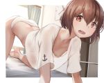  1girl all_fours breasts brown_eyes brown_hair buck_teeth highres kabayaki_namazu kantai_collection on_bed see-through short_hair small_breasts smile solo yukikaze_(kantai_collection) 