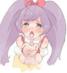  1girl after_fellatio ahoge blush bow cum cum_in_mouth cum_string dress green_eyes hair_bow hyakumangoku_masurao long_hair looking_at_viewer manaka_lala open_mouth perspective pretty_(series) pripara purple_hair solo tongue tongue_out twintails white_background 