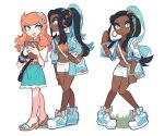  2girls :d belt blue_skirt bracelet charamells commentary dark_skin english_commentary eye_contact full_body grass happy heart highres jewelry knees_together_feet_apart looking_at_another multiple_girls multiple_views open_mouth orange_hair pokemon pokemon_(game) pokemon_swsh rurina_(pokemon) shoes simple_background skirt smile sonia_(pokemon) standing star walking white_background 