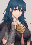  1girl armor armored_dress bangs black_cape black_dress blue_eyes blue_hair bracer breasts byleth_(fire_emblem) byleth_(fire_emblem)_(female) cape closed_mouth dress fire_emblem fire_emblem:_three_houses grey_background haoni highres large_breasts long_hair looking_at_viewer medallion pauldrons simple_background smile solo sparkle tassel 