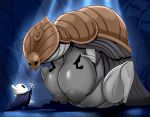  absurd_res anthro areola arthropod ber00 big_areola big_breasts bodily_fluids breasts crying duo female flower godseeker hi_res hollow_knight hollow_knight_(character) huge_breasts larger_female male male/female nipples plant sitting size_difference smaller_male team_cherry tears video_games 