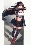  1girl arm_guards black_hair black_skirt breasts brown_eyes cleavage elbow_gloves final_fantasy final_fantasy_vii final_fantasy_vii_remake fingerless_gloves gloves highres kuroi_susumu long_hair looking_to_the_side low-tied_long_hair midriff navel pleated_skirt red_footwear skirt stomach suspenders sweat thighhighs tifa_lockhart wiping_mouth 