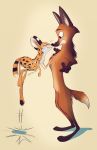  2018 absurd_res anthro brown_body brown_fur brown_spots canid canine duo eyes_closed featureless_crotch felid feline fur hi_res jumping mammal maned_wolf nude pawpads pointedfox serval signature simple_background smile spots spotted_body spotted_fur standing tan_background 