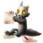  alpha_channel bone claws crayons disney drawing flippingchicken fur grey_body grey_fur holding_object horn king_(the_owl_house) mask paper red_eyes simple_background sitting skull skull_mask the_owl_house transparent_background yellow_sclera 