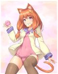  1girl animal_ears blush bow bowtie brown_legwear cat_ears cat_tail commentary doughnut eyebrows_visible_through_hair food hair_ornament hand_up heart heart_hair_ornament holding jacket leotard long_sleeves looking_at_viewer low_twintails mouth_hold navel one-piece_swimsuit open_clothes open_jacket orange_hair original pink_swimsuit purple_eyes purple_neckwear purple_sailor_collar ribbed_leotard sailor_collar sasaame school_swimsuit school_uniform serafuku smile solo swimsuit tail thighhighs twintails twitter_username yellow_jacket 