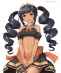  1girl :d apron arabian_clothes bangs black_hair blunt_bangs blush bow bowtie breasts drill_hair eyebrows_visible_through_hair hairband looking_at_viewer maid medium_breasts navel open_mouth orange_apron orange_bow orange_neckwear original own_hands_together red_eyes sasaame simple_background smile solo stomach twin_drills twitter_username waist_apron waist_cape white_background wristband 