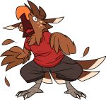  2020 alpha_channel anthro avian beak biped bird bottomwear brown_body brown_feathers clothed clothing digital_media_(artwork) digitigrade feathered_wings feathers freckles fully_clothed hi_res male open_mouth orange_eyes pants piemations pretzel_(piemations) pseudo_hair screaming shirt simple_background solo standing tail_feathers tongue topwear wings 