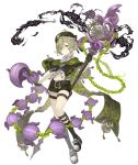  1boy ahoge bare_shoulders belt black_gloves capelet chain full_body gloves green_eyes green_hair half_gloves hat holding holding_staff ji_no long_nose looking_at_viewer navel official_art pinocchio_(sinoalice) platform_footwear shoes shorts sinoalice sneakers solo staff tongue tongue_out transparent_background 