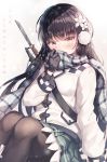  1girl arm_at_side bangs black_hair blush brown_legwear checkered coat commentary_request covering_mouth crying crying_with_eyes_open earmuffs eyebrows_visible_through_hair flower girls_frontline green_skirt grey_background grey_scarf gun hair_flower hair_ornament highres jewelry knees_up long_hair long_sleeves looking_at_viewer miniskirt open_mouth pantyhose plaid plaid_scarf pleated_skirt ring scarf skirt solo submachine_gun tears translation_request type_100 type_100_(girls_frontline) very_long_hair wabbajack weapon weapon_on_back white_coat white_flower yellow_eyes 