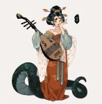  1girl bare_shoulders black_hair chinese_clothes eyebrows facepaint facial_mark forehead_mark gorgon hair_pulled_back juanmao living_hair makeup monster_girl nihongami off_shoulder original pipa_(instrument) scales snake snake_hair snake_tail tail 