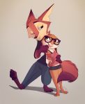  2018 anthro barefoot bottomwear brown_body brown_eyes brown_fur buckteeth canid canine cider_(ciderbunart) clothed clothing duo eyewear female fox fully_clothed fur glasses hi_res hotpants light lighting male mammal open_mouth open_smile pants pawpads pointedfox pointedfox_(character) shirt shorts signature simple_background smile standing teeth tongue topwear 